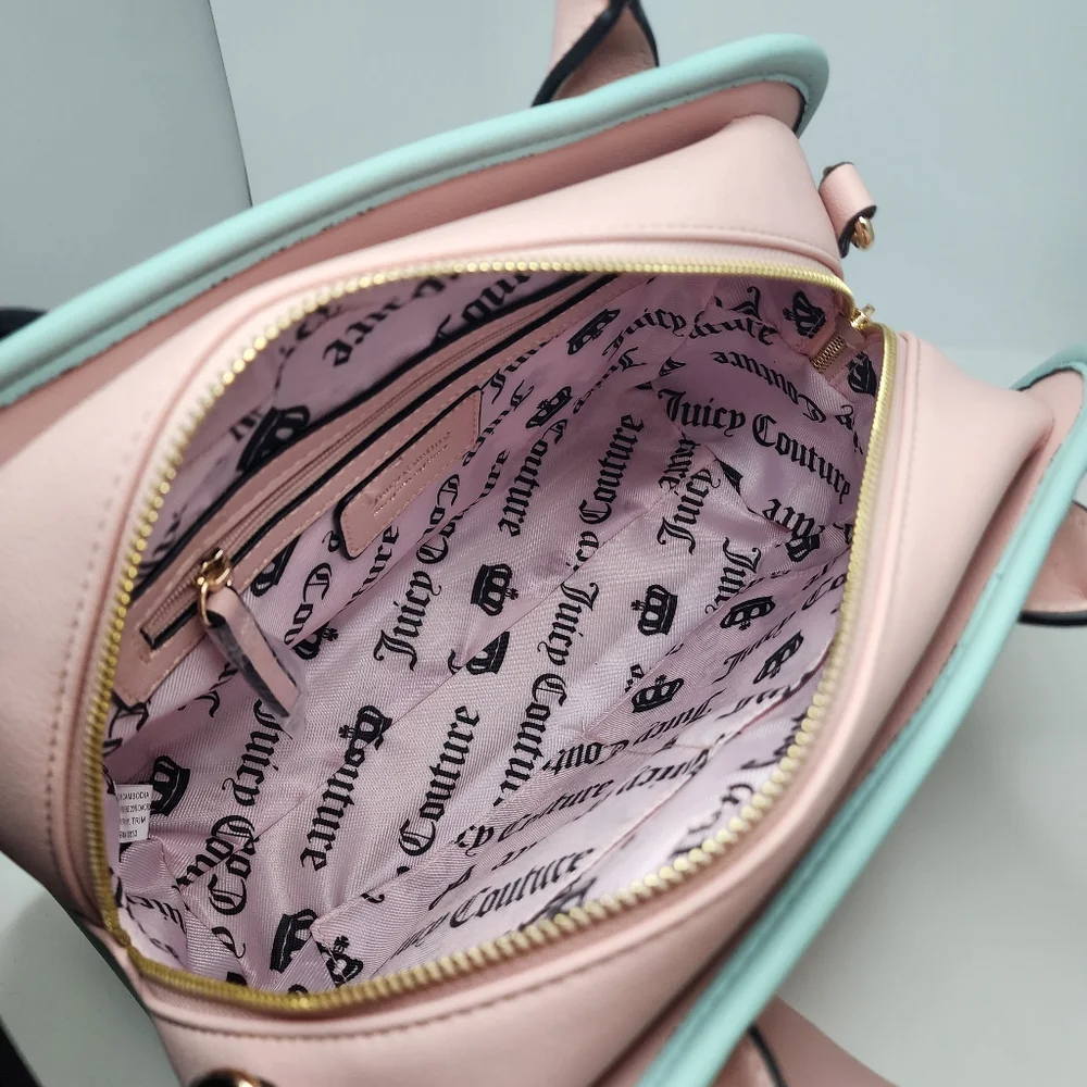 Juicy Couture Pink & Straw Satchel Bag NWT Logo Front Pocket + Coin Purse